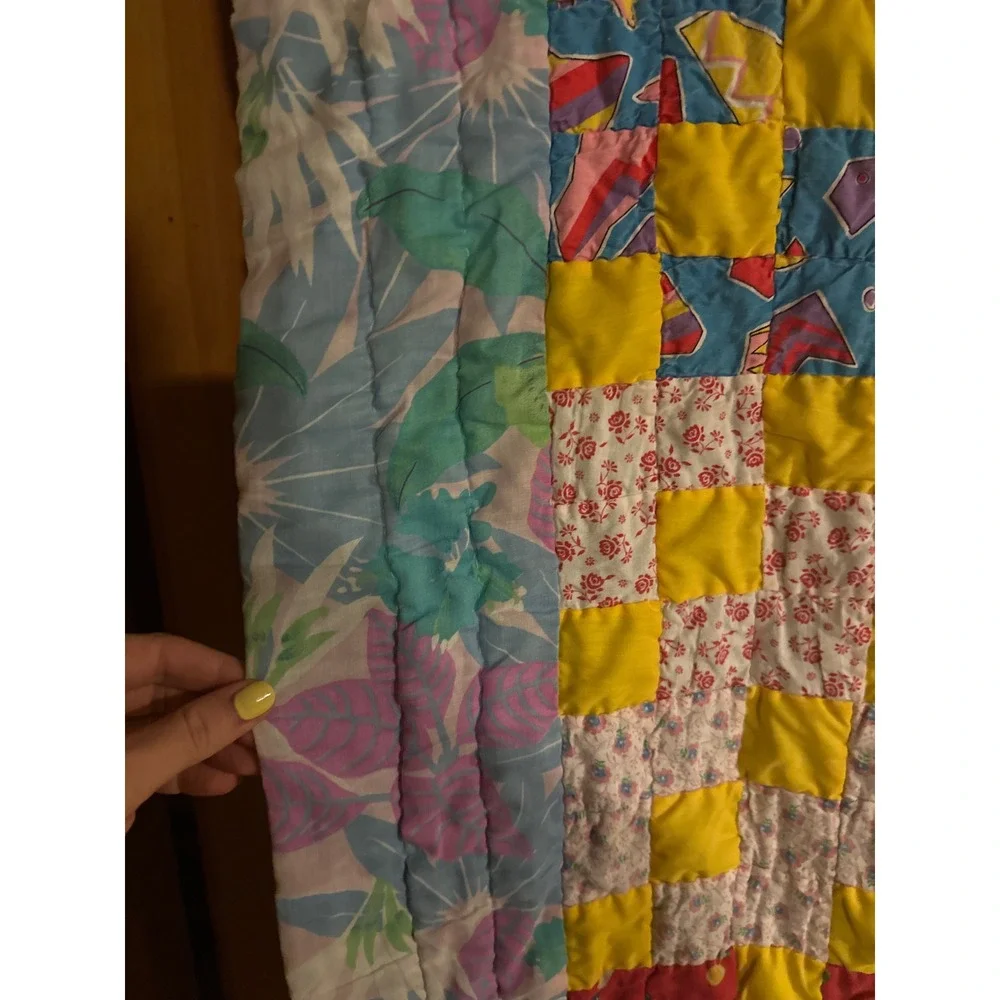 Vintage Handmade 80s 90s Patchwork Quilt Floral Geometric Print Multi Color